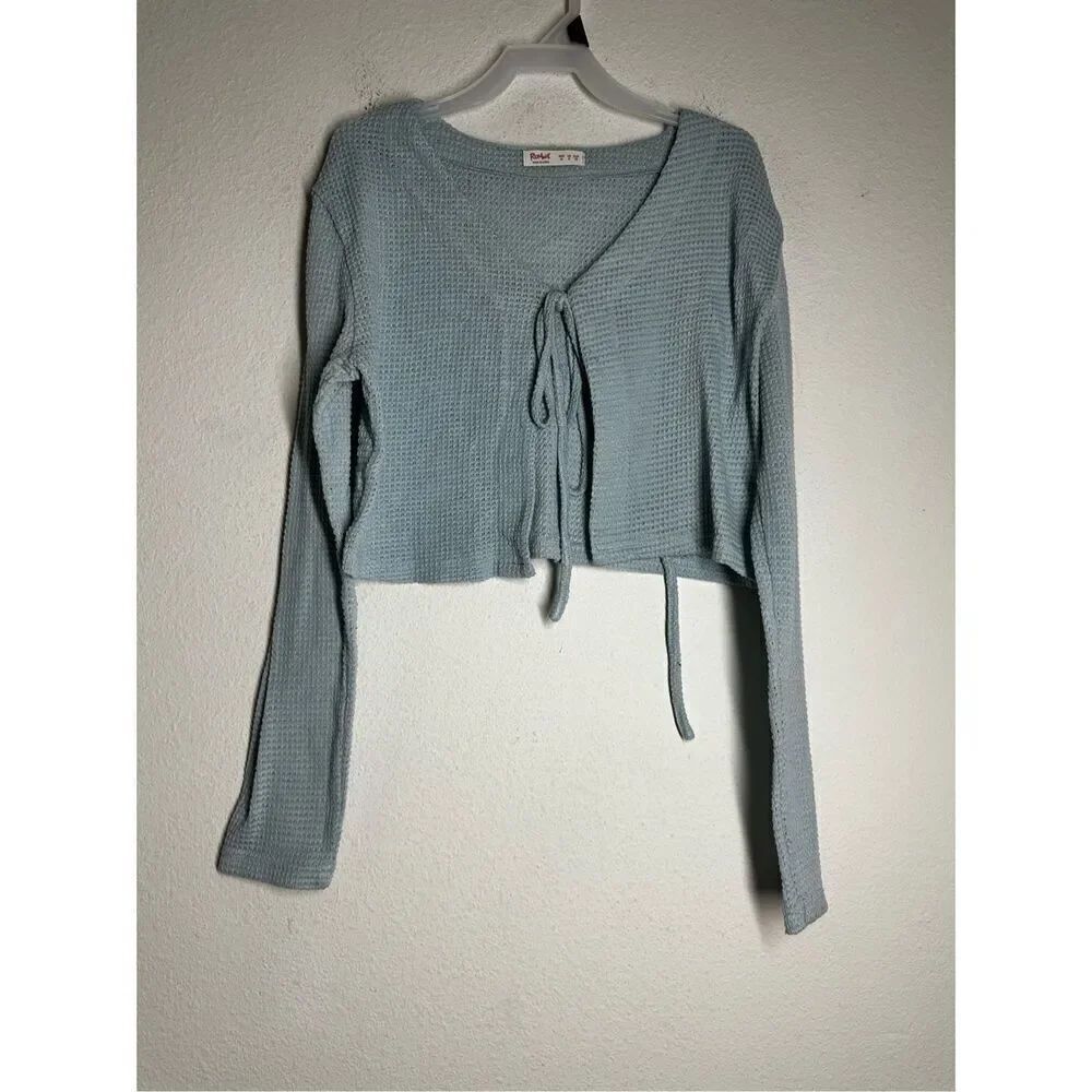 Romwe Turquoise Long Sleeve Crop Top Tie Front Size 6